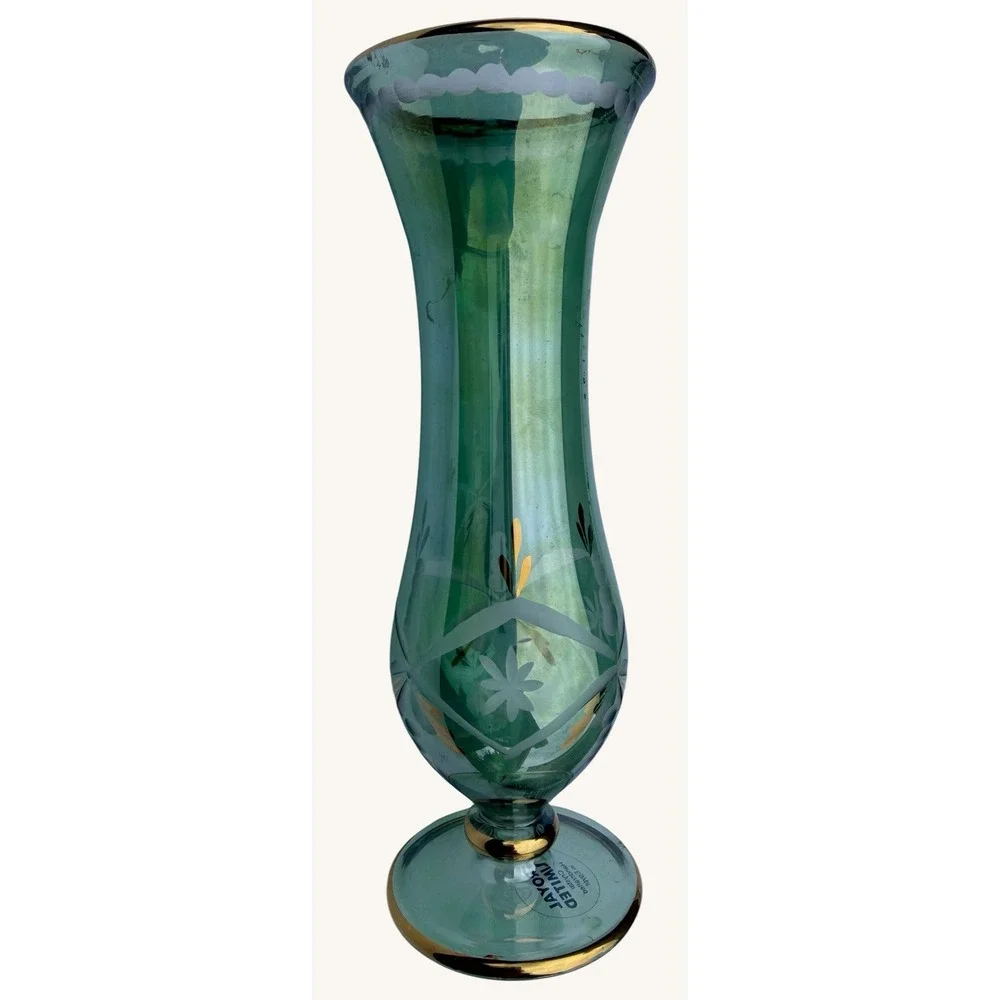 Vintage Royal Limited Emerald Green Glass Vase Hand Cut Etched Gold Rim 6 3/4